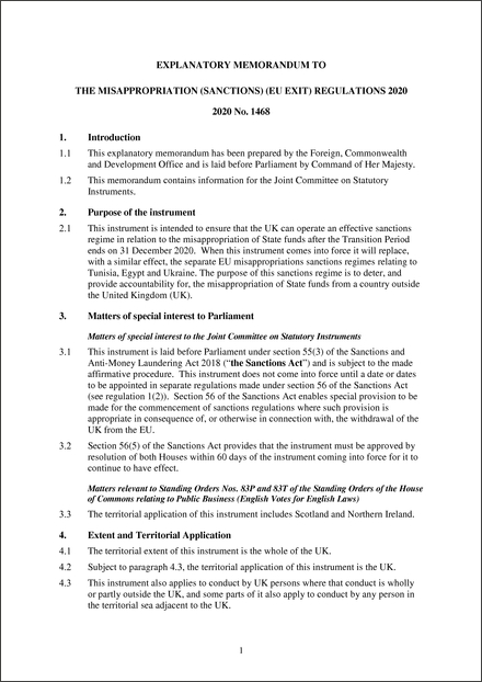 The Misappropriation (Sanctions) (EU Exit) Regulations 2020 ...