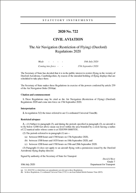 The Air Navigation (Restriction of Flying) (Duxford) Regulations 2020