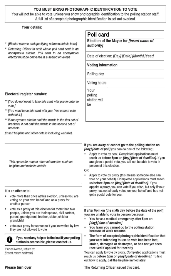 Local Mayoral elections in England - Combined Poll - Form 8A: Elector's official poll card (for use at mayoral elections in England) - Front of form