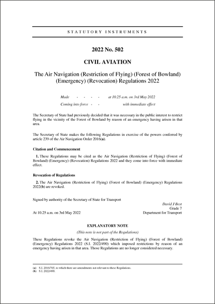 The Air Navigation (Restriction of Flying) (Forest of Bowland) (Emergency) (Revocation) Regulations 2022
