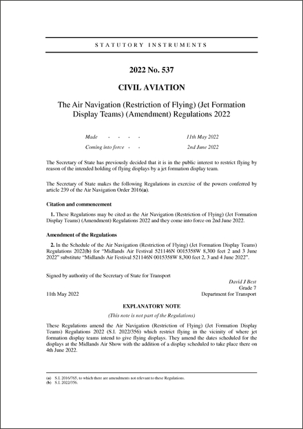 The Air Navigation (Restriction of Flying) (Jet Formation Display Teams) (Amendment) Regulations 2022