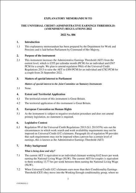 The Universal Credit (Administrative Earnings Threshold) (Amendment ...