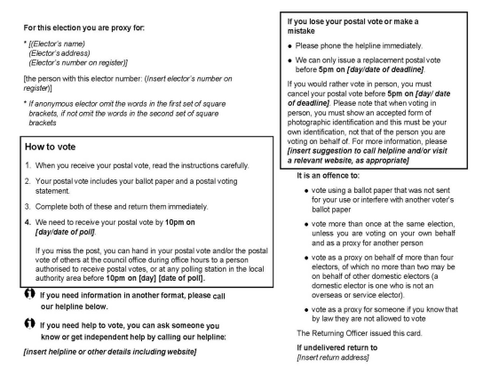 Form 11ZA: official proxy postal poll card (for use at mayoral elections in England) - p2