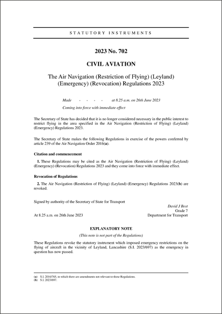 The Air Navigation (Restriction of Flying) (Leyland) (Emergency) (Revocation) Regulations 2023