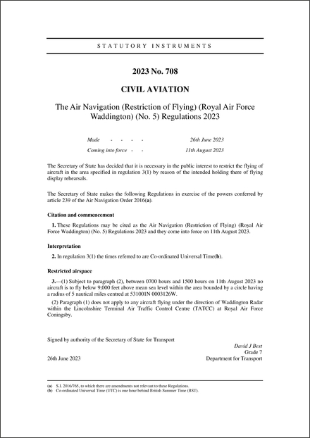 The Air Navigation (Restriction of Flying) (Royal Air Force Waddington) (No. 5) Regulations 2023