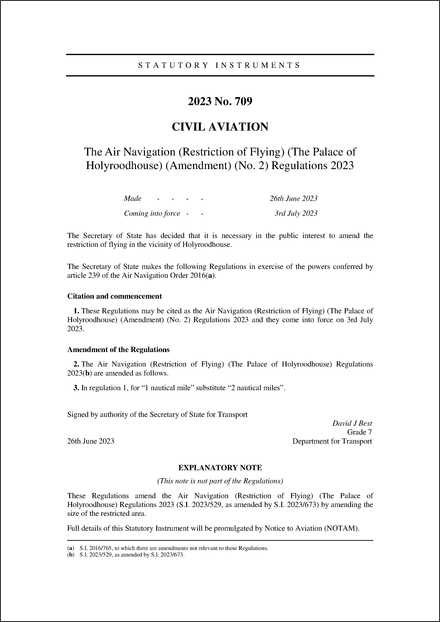 The Air Navigation (Restriction of Flying) (The Palace of Holyroodhouse) (Amendment) (No. 2) Regulations 2023
