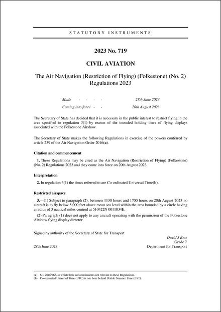 The Air Navigation (Restriction of Flying) (Folkestone) (No. 2) Regulations 2023