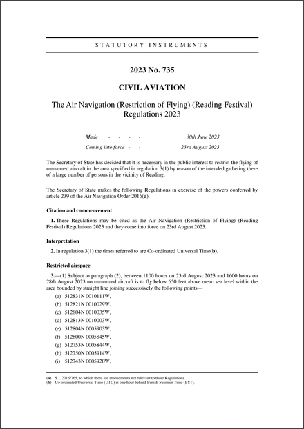 The Air Navigation (Restriction of Flying) (Reading Festival) Regulations 2023