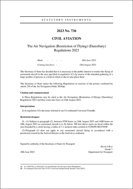 The Air Navigation (Restriction of Flying) (Daresbury) Regulations 2023