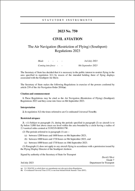The Air Navigation (Restriction of Flying) (Southport) Regulations 2023