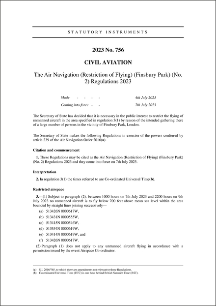 The Air Navigation (Restriction of Flying) (Finsbury Park) (No. 2) Regulations 2023