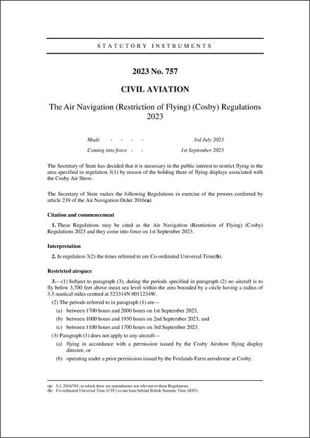 The Air Navigation (Restriction of Flying) (Cosby) Regulations 2023