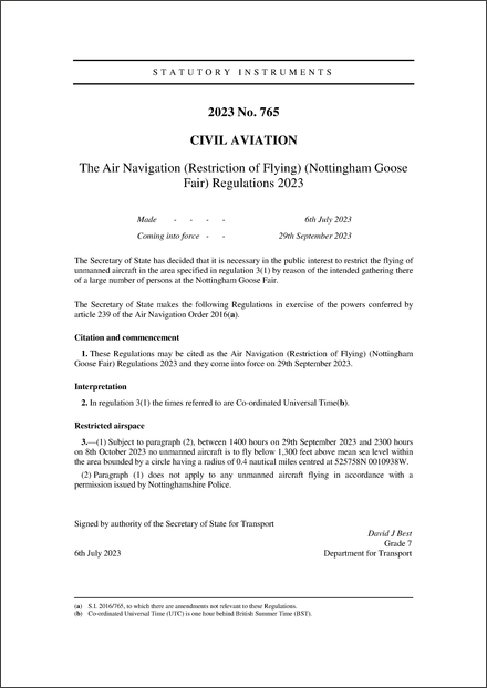 The Air Navigation (Restriction of Flying) (Nottingham Goose Fair) Regulations 2023
