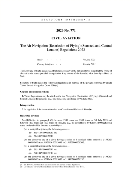 The Air Navigation (Restriction of Flying) (Stansted and Central London) Regulations 2023