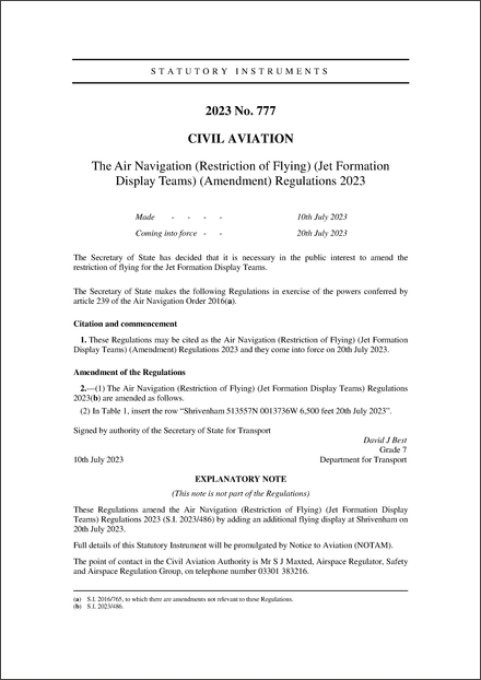 The Air Navigation (Restriction of Flying) (Jet Formation Display Teams) (Amendment) Regulations 2023