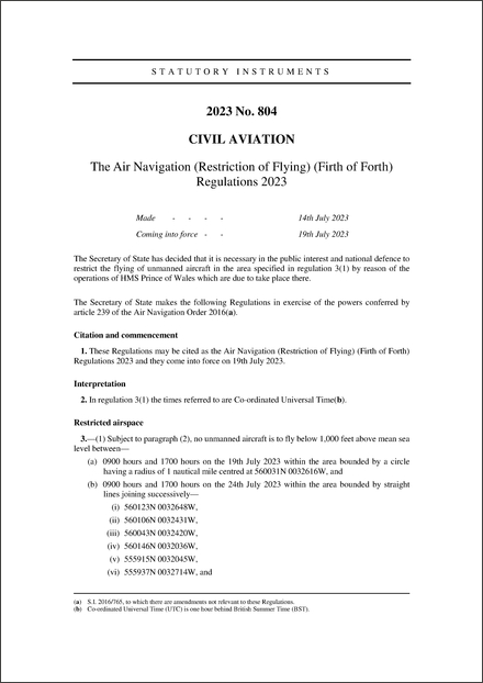 The Air Navigation (Restriction of Flying) (Firth of Forth) Regulations 2023