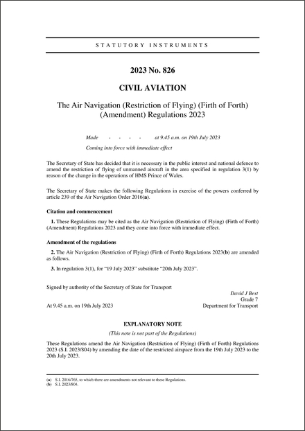 The Air Navigation (Restriction of Flying) (Firth of Forth) (Amendment) Regulations 2023