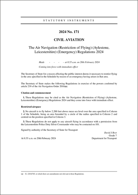 The Air Navigation (Restriction of Flying) (Aylestone, Leicestershire) (Emergency) Regulations 2024