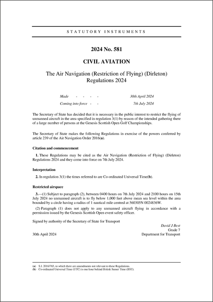 The Air Navigation (Restriction of Flying) (Dirleton) Regulations 2024
