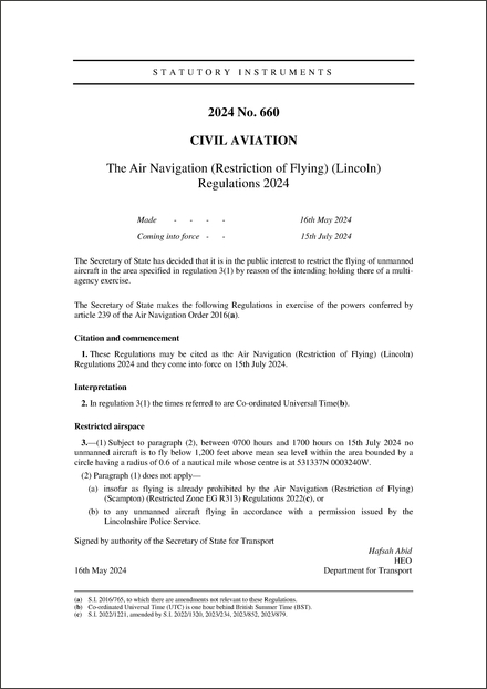 The Air Navigation (Restriction of Flying) (Lincoln) Regulations 2024