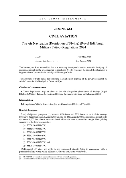 The Air Navigation (Restriction of Flying) (Royal Edinburgh Military Tattoo) Regulations 2024
