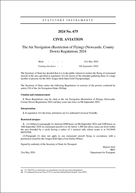 The Air Navigation (Restriction of Flying) (Newcastle, County Down) Regulations 2024