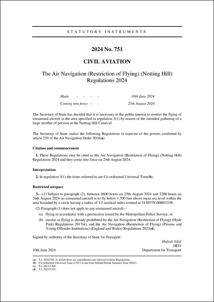 The Air Navigation (Restriction of Flying) (Notting Hill) Regulations 2024