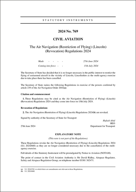 The Air Navigation (Restriction of Flying) (Lincoln) (Revocation) Regulations 2024