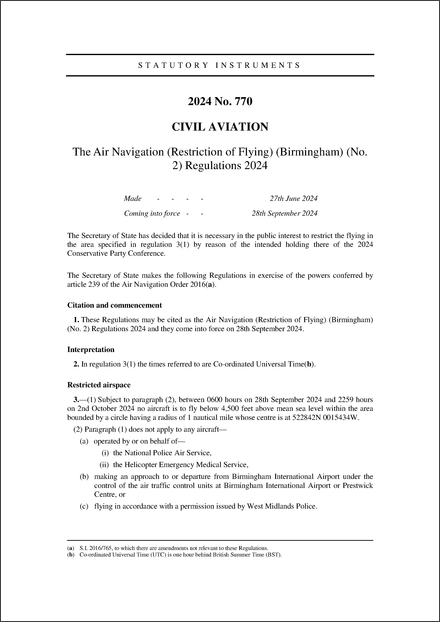 The Air Navigation (Restriction of Flying) (Birmingham) (No. 2) Regulations 2024