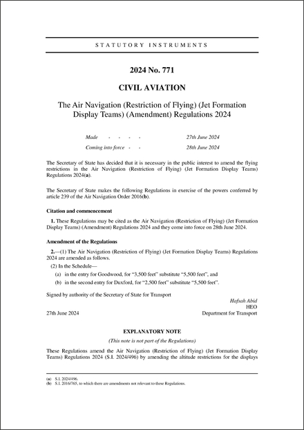 The Air Navigation (Restriction of Flying) (Jet Formation Display Teams) (Amendment) Regulations 2024