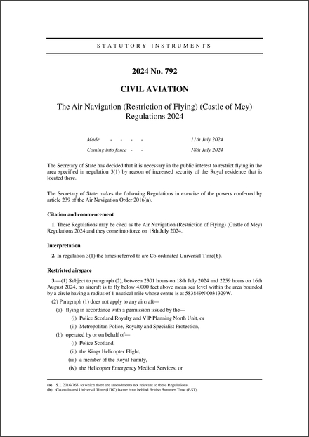 The Air Navigation (Restriction of Flying) (Castle of Mey) Regulations 2024