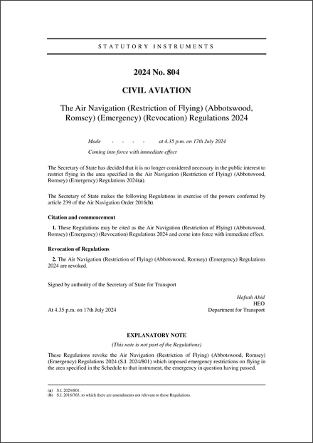 The Air Navigation (Restriction of Flying) (Abbotswood, Romsey) (Emergency) (Revocation) Regulations 2024