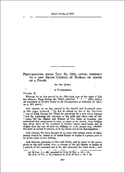 Proclamation giving currency to a new silver coinage of florins or tenths of a pound (1849)