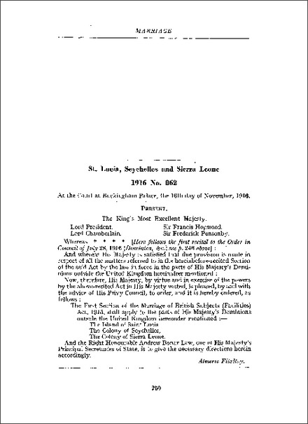 Order applying s 1 of the Marriage of British Subjects (Facilities) Act 1915 to the Island of St Lucia and the Colonies of Seychelles and Sierra Leone (1916)