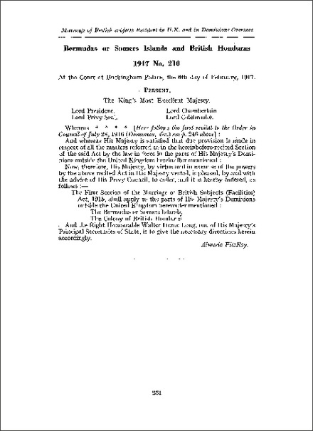Order applying s 1 of the Marriage of British Subjects (Facilities) Act 1915 to the Bermudas and British Honduras (1917)