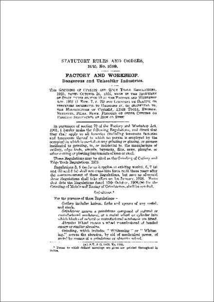 The Grinding  of Cutlery and Edge Tools Regulations  1925