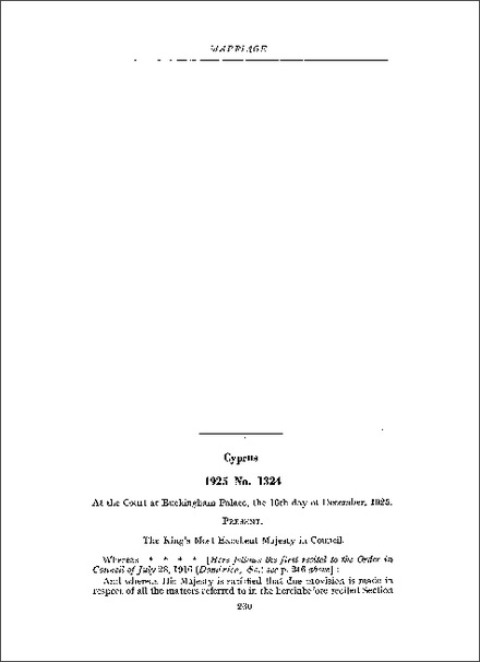 Order in Council applying s 1 of the Marriage of British Subjects (Facilities) Act 1915 to Cyprus (1925)