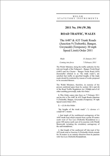 The A487 & A55 Trunk Roads (Junction 9 (Treborth), Bangor, Gwynedd) (Temporary 30 mph Speed Limit) Order 2011