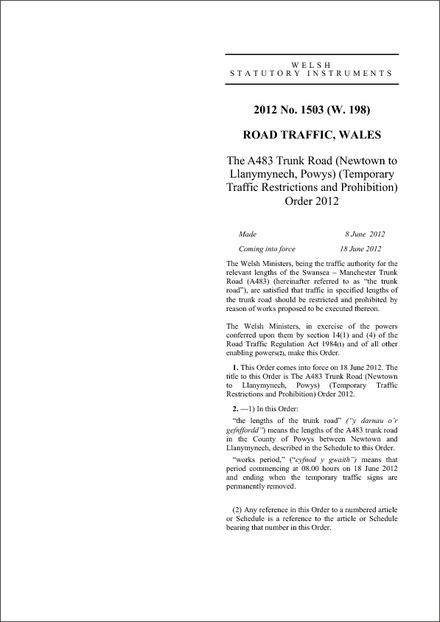 The A483 Trunk Road (Newtown to Llanymynech, Powys) (Temporary Traffic Restrictions and Prohibition) Order 2012