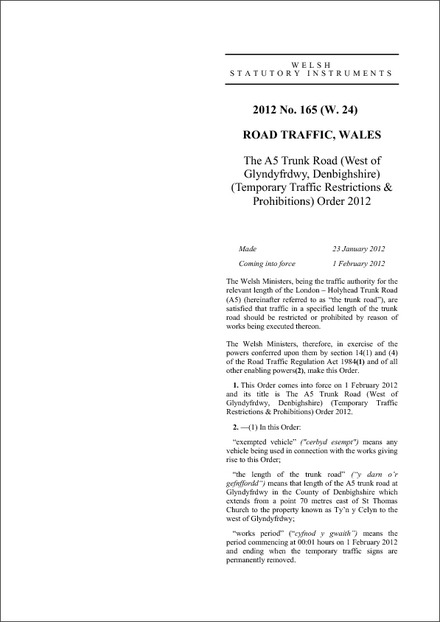 The A5 Trunk Road (West of Glyndyfrdwy, Denbighshire) (Temporary Traffic Restrictions & Prohibitions) Order 2012