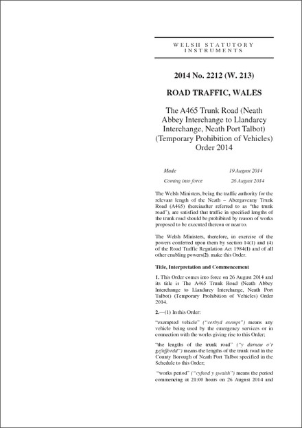 The A465 Trunk Road (Neath Abbey Interchange to Llandarcy Interchange, Neath Port Talbot) (Temporary Prohibition of Vehicles) Order 2014