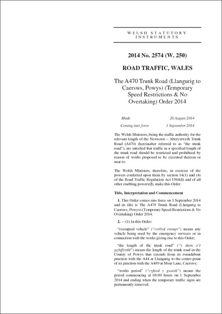The A470 Trunk Road (Llangurig to Caersws, Powys) (Temporary Speed Restrictions & No Overtaking) Order 2014