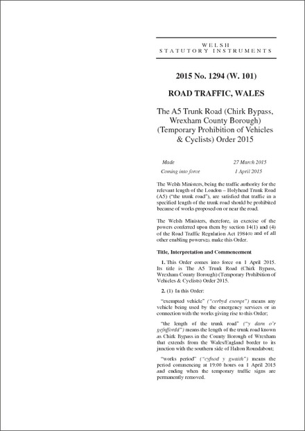 The A5 Trunk Road (Chirk Bypass, Wrexham County Borough) (Temporary Prohibition of Vehicles & Cyclists) Order 2015