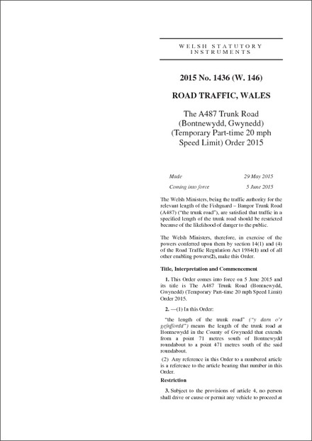 The A487 Trunk Road (Bontnewydd, Gwynedd) (Temporary Part-time 20 mph Speed Limit) Order 2015