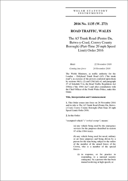 The A5 Trunk Road (Pentre Du, Betws-y-Coed, Conwy County Borough) (Part-Time 20 mph Speed Limit) Order 2016