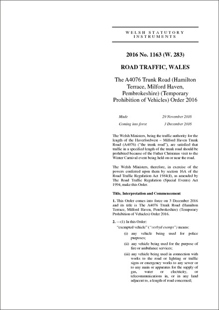 The A4076 Trunk Road (Hamilton Terrace, Milford Haven, Pembrokeshire) (Temporary Prohibition of Vehicles) Order 2016