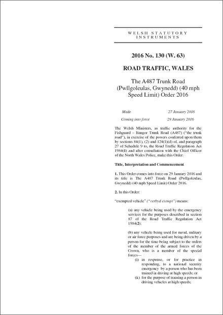 The A487 Trunk Road (Pwllgoleulas, Gwynedd) (40 mph Speed Limit) Order 2016