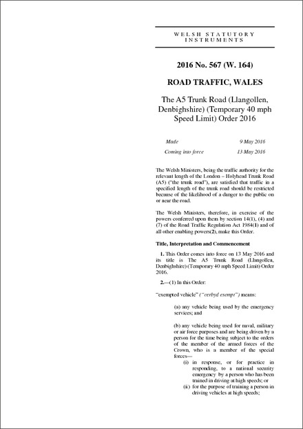 The A5 Trunk Road (Llangollen, Denbighshire) (Temporary 40 mph Speed Limit) Order 2016