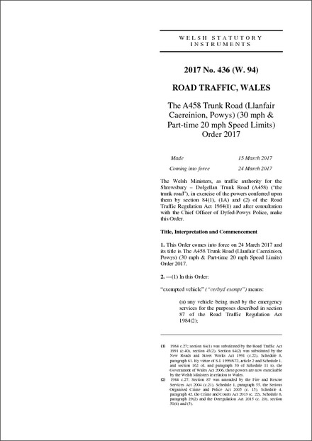 The A458 Trunk Road (Llanfair Caereinion, Powys) (30 mph & Part-time 20 mph Speed Limits) Order 2017
