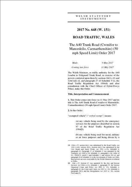 The A40 Trunk Road (Cwmifor to Manordeilo, Carmarthenshire) (50 mph Speed Limit) Order 2017